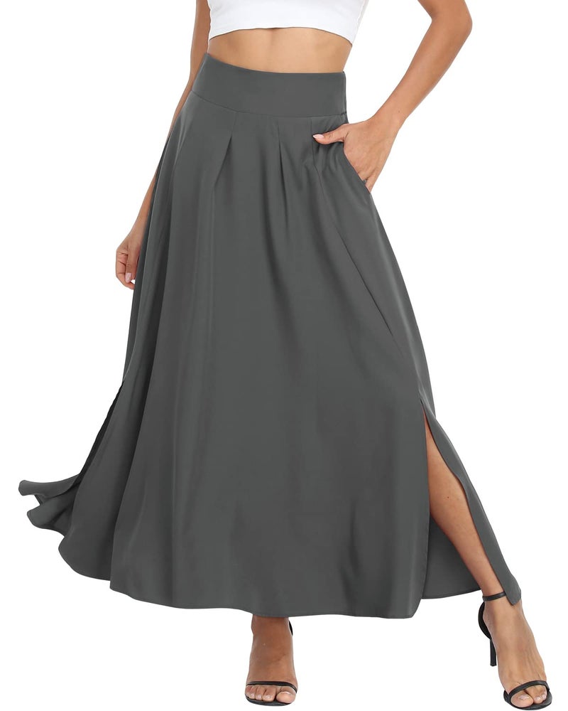RANPHEE Grey Pleated Skirt with Pockets for Women Long A Line Fall Fashion Cute High Waisted Full Length Novelty Teacher Ladies 1940s Skirts XL 1X - Image 2